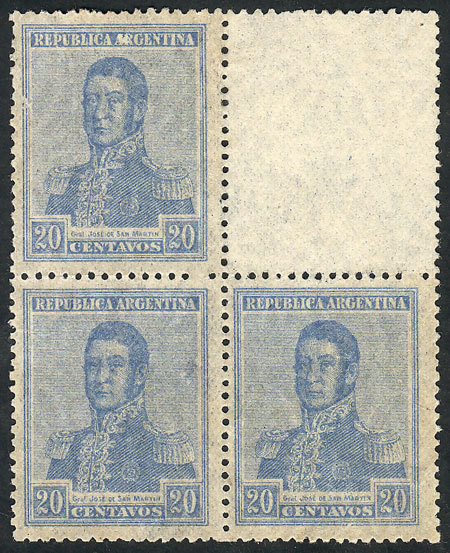 ARGENTINA: GJ.507SG, 20c. San Martín With Multiple Suns Wmk, Block Of 4 PRINTED ON - Other & Unclassified