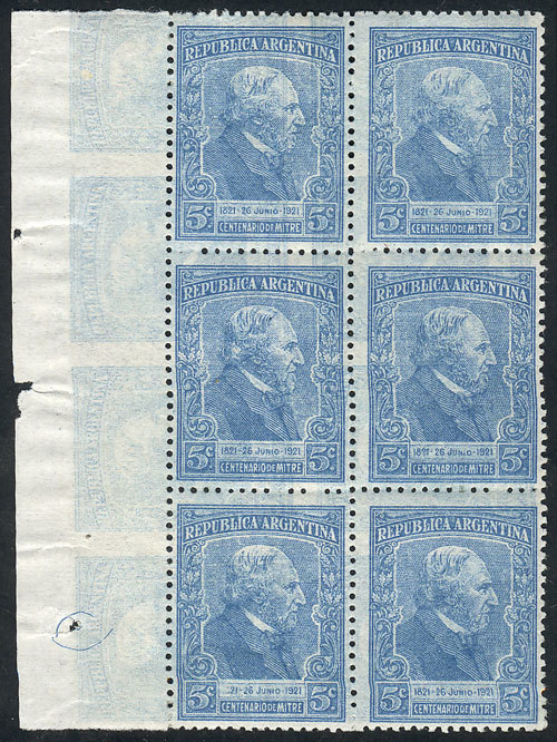 ARGENTINA: GJ.527a, 1921 5c. Mitre, Block Of 6 With DOUBLE IMPRESSION Var., One Ho - Other & Unclassified