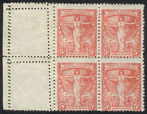 ARGENTINA: GJ.535CZ, Corner Block Of 4 With Labels At Left, Also With DOUBLE PERFO - Other & Unclassified