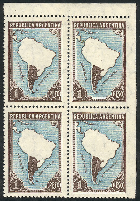 ARGENTINA: GJ.761, 1P. Map Without Borders, Block Of 4 IMPERFORATE At Right, Excel - Autres & Non Classés