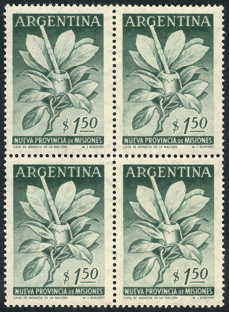 ARGENTINA: GJ.1070SG, 1956 1.50P. Yerba Mate (Province Of Misiones), Block Of 4 PR - Autres & Non Classés