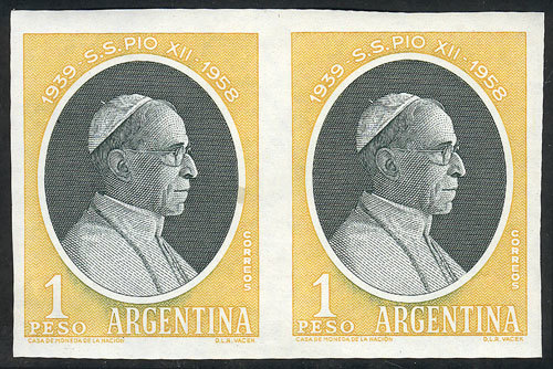 ARGENTINA: GJ.1119P, 1959 Pope Pius XII, IMPERFORATE PAIR, Excellent Quality, Rare - Other & Unclassified