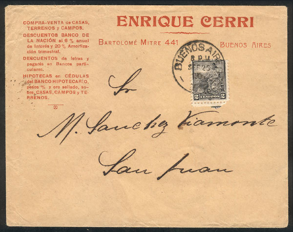 ARGENTINA: Cover With Commercial Corner Card Of "Enrique Cerri", Franked With 2c. - Andere & Zonder Classificatie