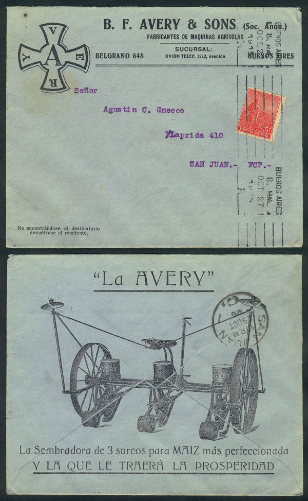 ARGENTINA: Cover With Printed Advertising For "Avery Maize Seeder", Franked With 5 - Autres & Non Classés