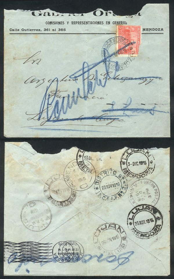 ARGENTINA: CANCELS OF MENDOZA: Cover Sent To Luján De Cuyo On 23/NO/1916, With The - Other & Unclassified