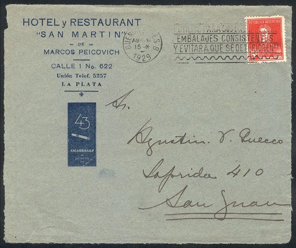 ARGENTINA: Cover Front With Corner Card Of "Hotel Y Restaurant San Martín" With Ad - Autres & Non Classés