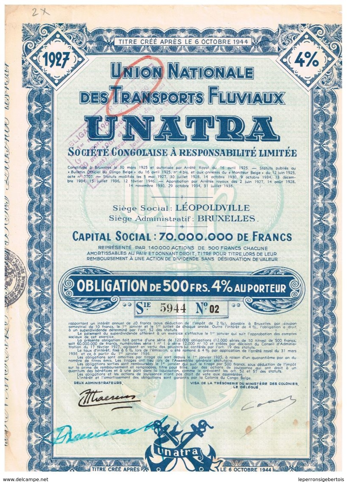 Obligation Ancienne - Union Nationale Des Transports Fluviaux "Unatra" - 2 Titres Identiques - Afrique