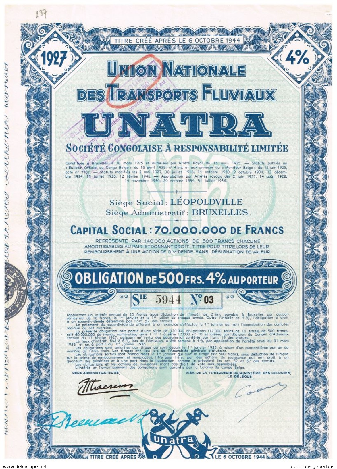 Obligation Ancienne - Union Nationale Des Transports Fluviaux "Unatra" - 2 Titres Identiques - Afrique