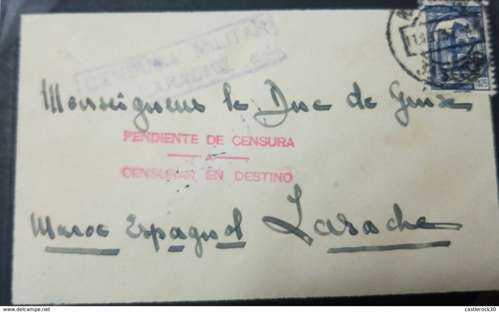 O) 1937 MOROCCO - SPANISH CIVIL WAR, 1E75 BLUE-YVERT 584, WITH INSTRUCTIONAL PENDIENTE DE CENSURA-CENSURA EN DESTINO IN - Morocco (1956-...)