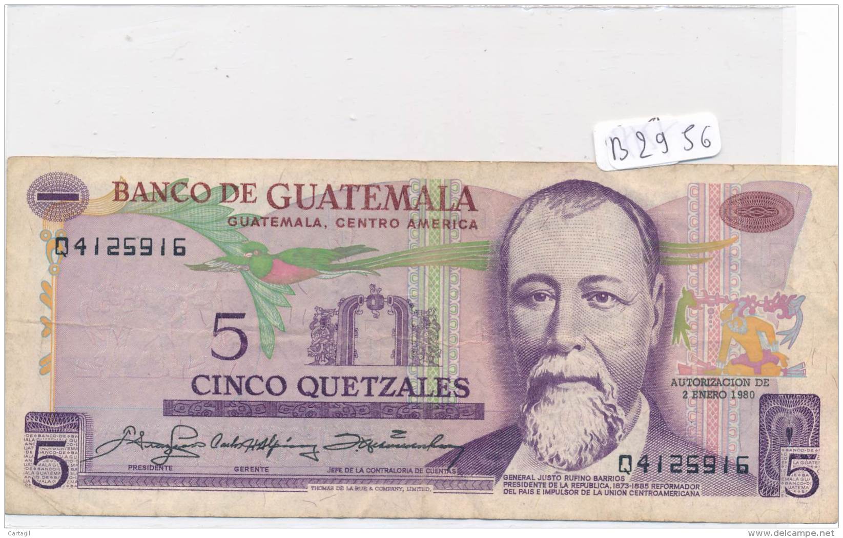 Billets -B2956 - Guatémala -5  Quetzales  1980 (type, Nature, Valeur, état... Voir  Double Scans)-Envoi Gratuit - Guatemala