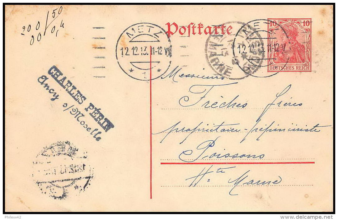 2183/ Allemagne (germany) Entier Stationery Carte Postale (postcard) N°91 Metz Pour Poissons Haute Marne 1913 - Autres & Non Classés