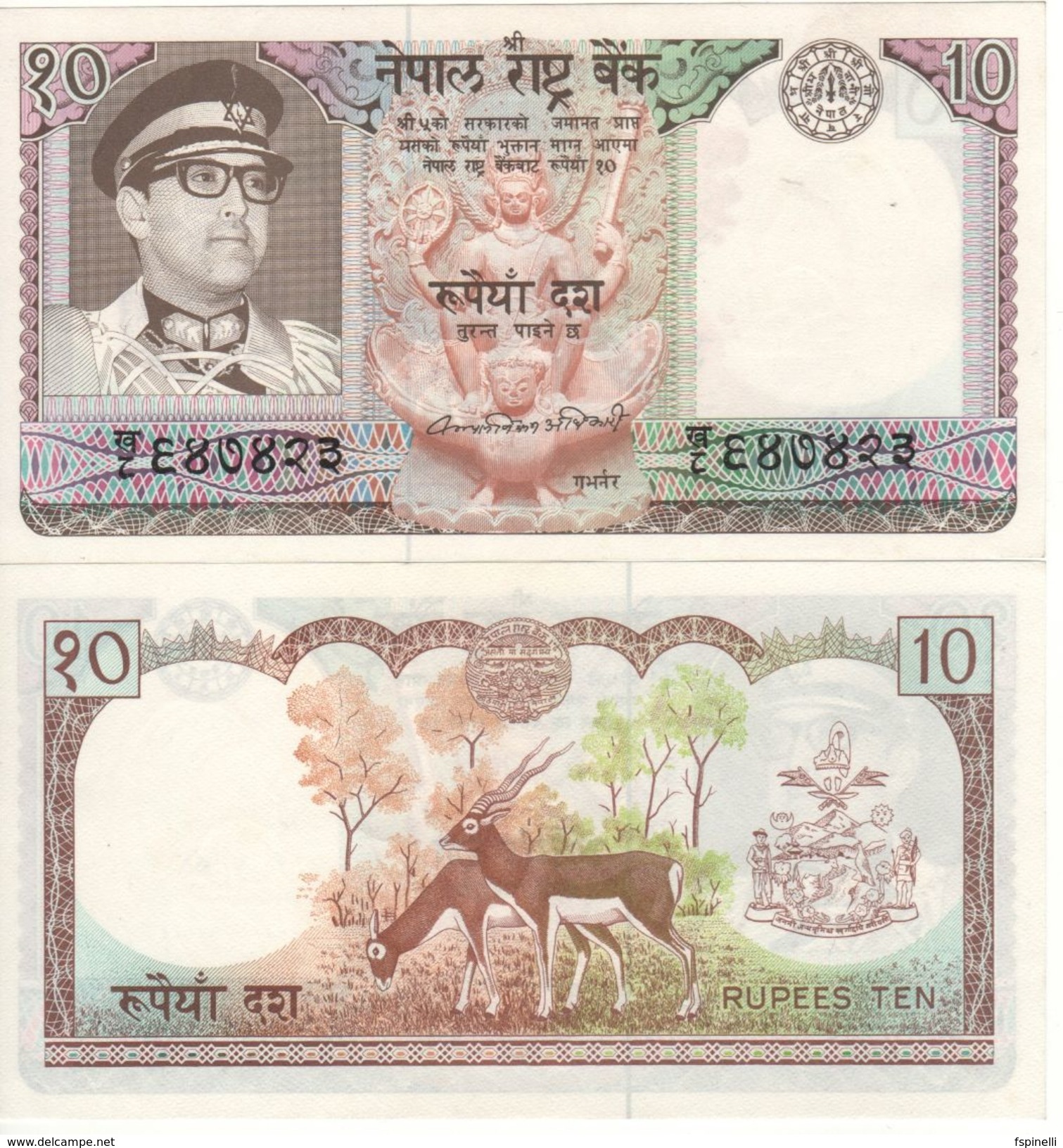 NEPAL   10 Rupees     P24b  2nd Sign.  ND  1979-84  ( King Birendra Bir Bikram  +  Antelopes At Back )   UNC - Nepal