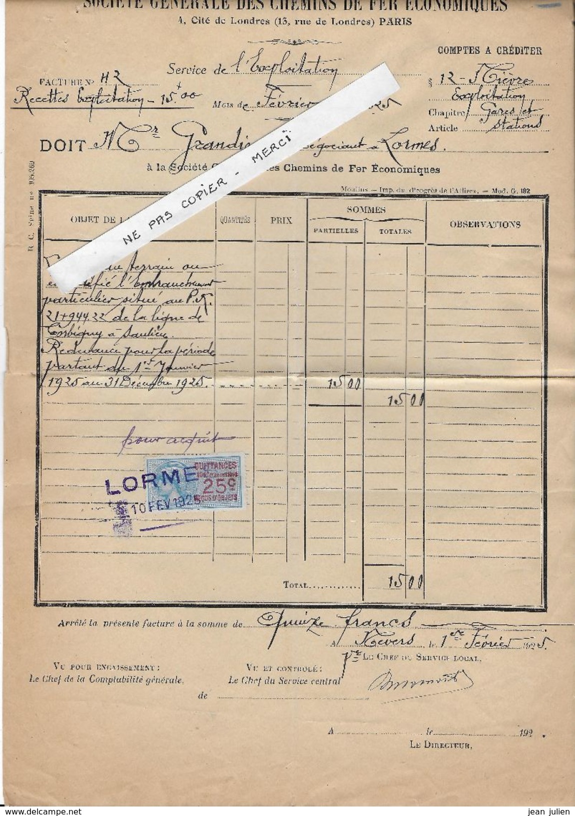 58 - LORME - NEVERS - CHEMINS DE FER  -  TRANSPORT -  Ligne Corbigny à Seaulieu - 1925 - Transport
