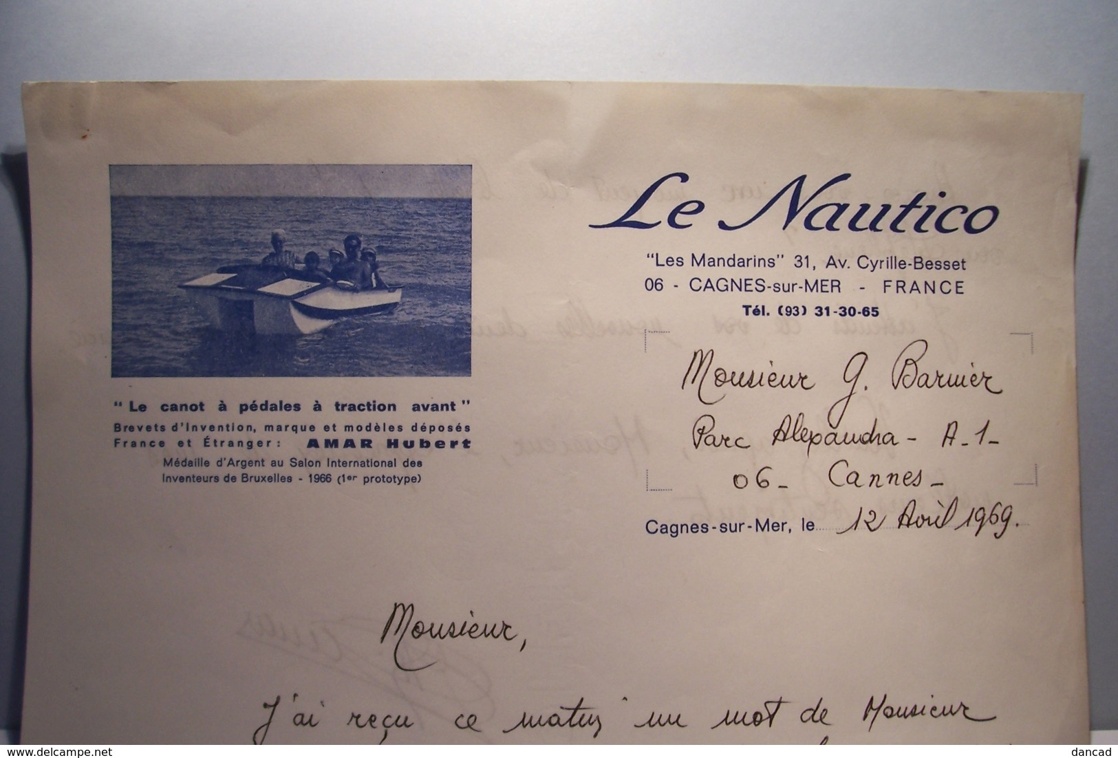 NAUTISME -- LE " NAUTICO "   -- Le Canot à Pédales à  Traction Avant -  AMAR  Ubert  -CAGNES-sur-MER -( Inventeur ) - Sports & Tourisme