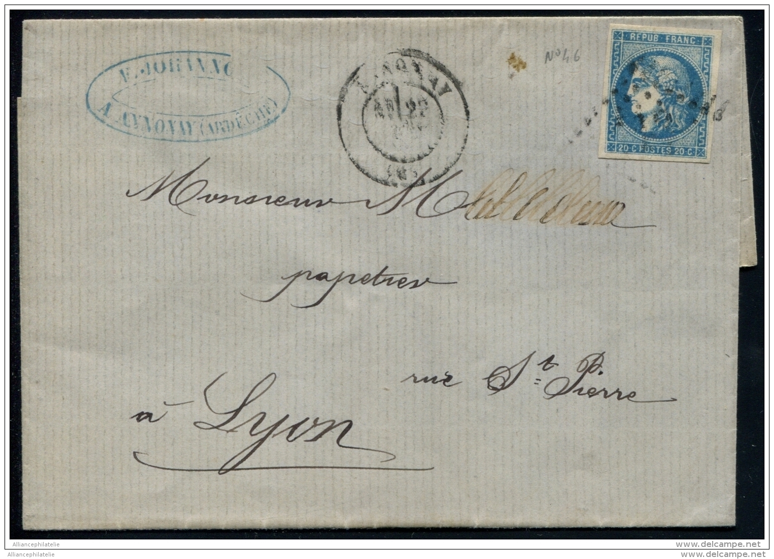 Lot N°8227 France N°46B Sur Lettre D'ANNONAY Pour LYON (1871) - TB - 1870 Ausgabe Bordeaux