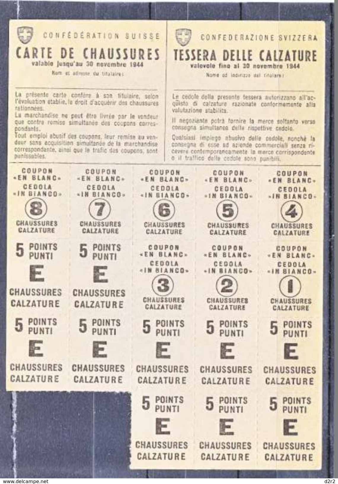 TIQUET DE RATIONNEMENT SUISSE - CARTE DE CHAUSSURES - 1944 - V/IMAGE - Unclassified