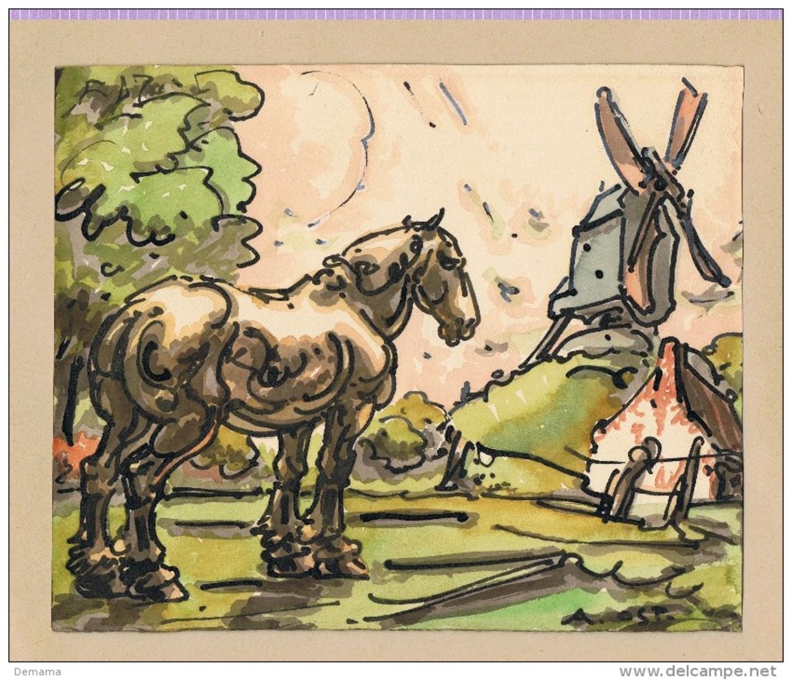 Alfred Ost, Paard En Molen,origineel Aquarel /waterverf,A.Ost Gesigneerd, 19.8 Cm Op 16.3 Cm, Op Papier - Aquarel