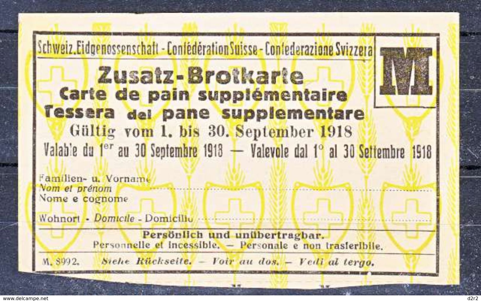 TIQUET DE RATIONNEMENT SUISSE - CARTE  DE PAIN SUPLEMENTAIRE . - 1918 - V/IMAGE - Non Classés