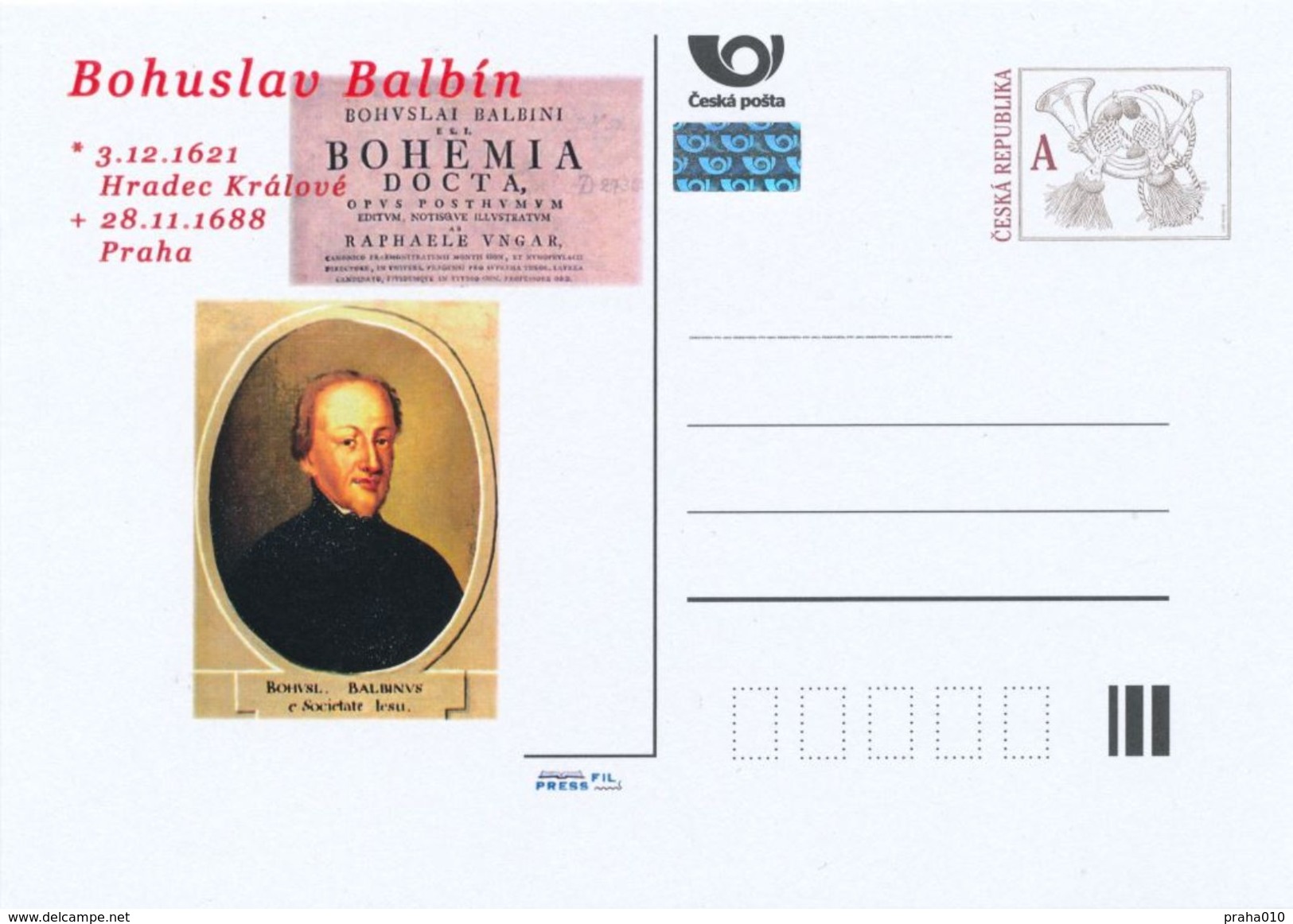 Tschech. Rep. / Ganzsachen (Pre2013/54) Bohuslav Balbin (1621-1688) Böhmischer Jesuit, Literat, Historiker Und Geograph - Sonstige & Ohne Zuordnung