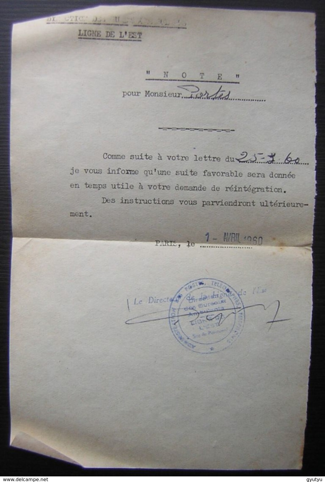 1960 Bureaux Ambulants Ligne De L'est Administration Des Postes , Voir Photo - 1921-1960: Période Moderne