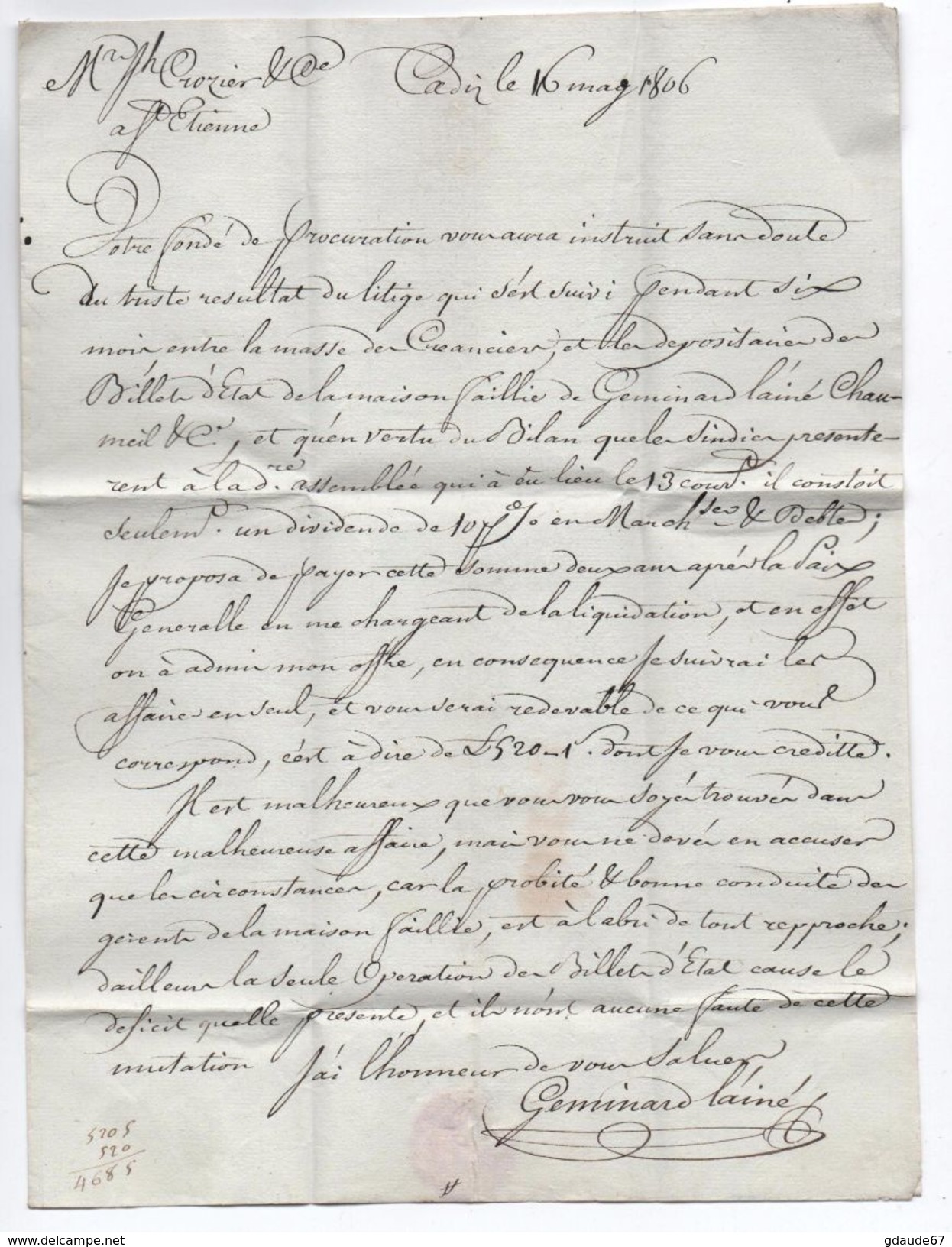 1806 - LETTRE De CADIZ / CADIX Pour SAINT ETIENNE EN FOREZ - ...-1850 Préphilatélie