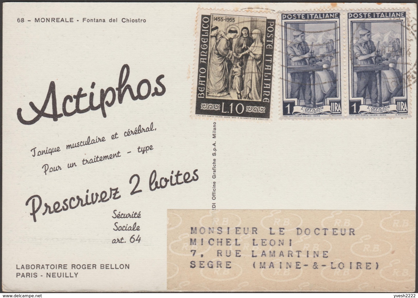 Italie 1955. Carte Publicitaire Du Laboratoire Roger Bellon. Actiphos, Tonique Musculaire Et Cérébral - Pharmacy