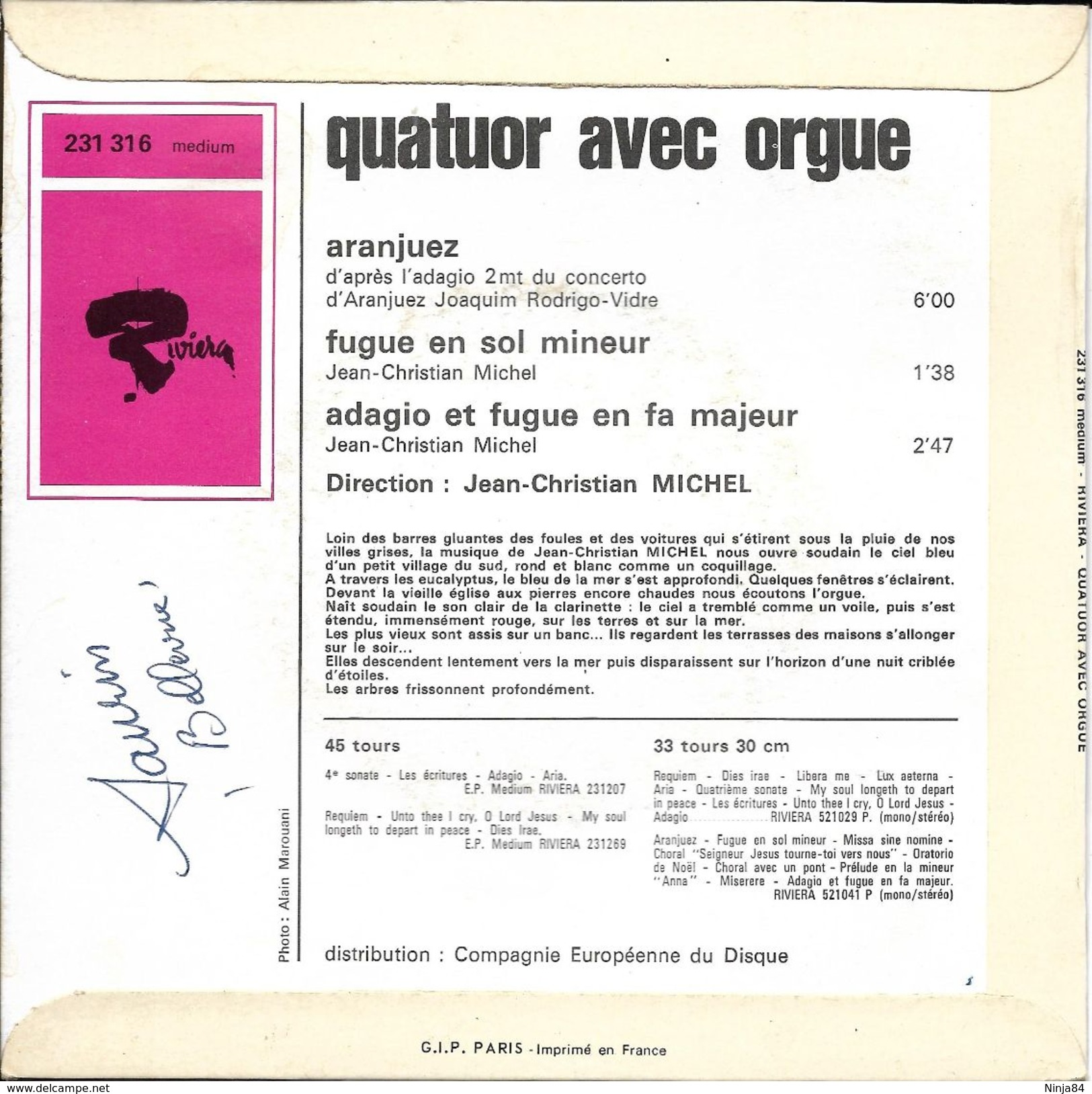 EP 45 RPM (7")  Jean-Christian Michel  "  Quatuor Avec Orgue Aranjuez  " - Classical