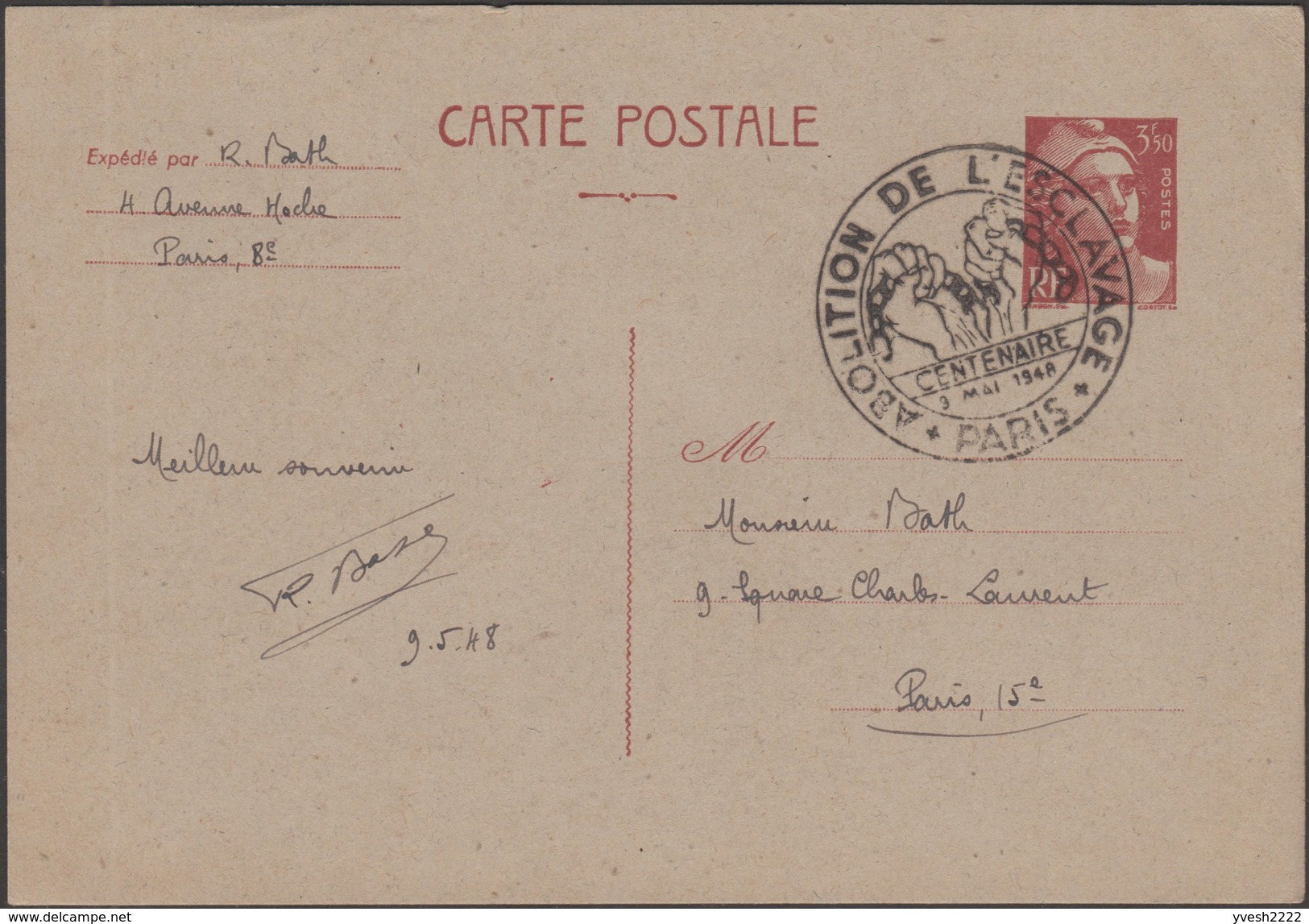 France 1948. Carte, Entier Gandon 3.50 F (716B-C2), Oblitération Abolition De L'esclavage - Islam