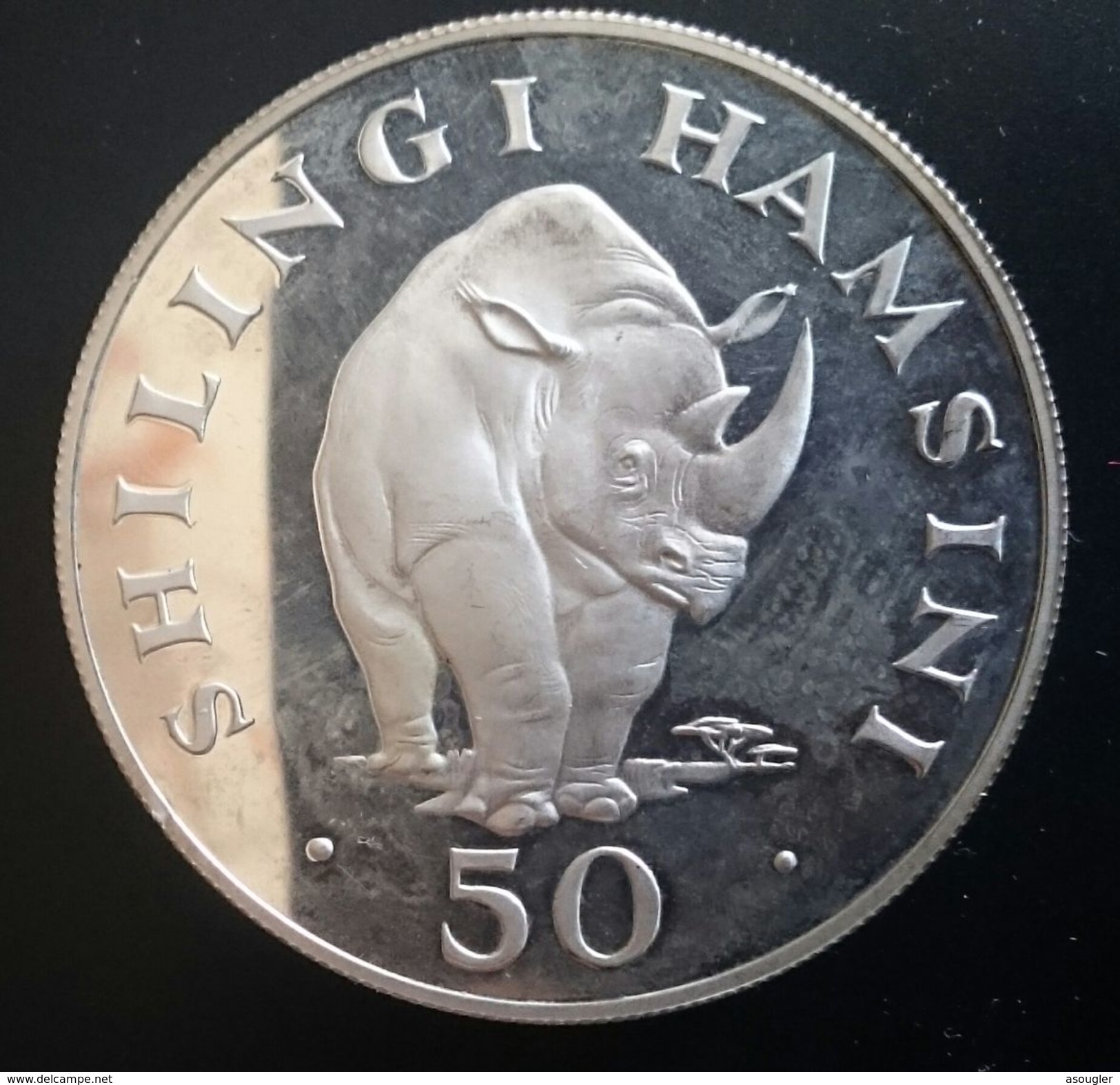 TANZANIA 50 SHILINGI 1974 SILVER PROOF "Black Rhinoceros Facing" Free Shipping Via Registered Air Mail - Tanzanie