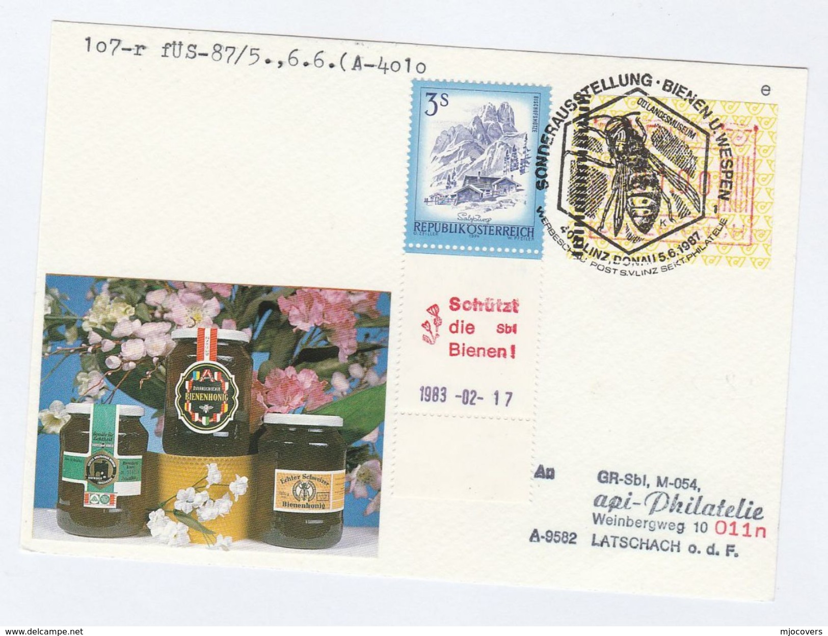 1987 AUSTRIA BEES Honey EVENT COVER Card Insect Stamps Bee - Honeybees