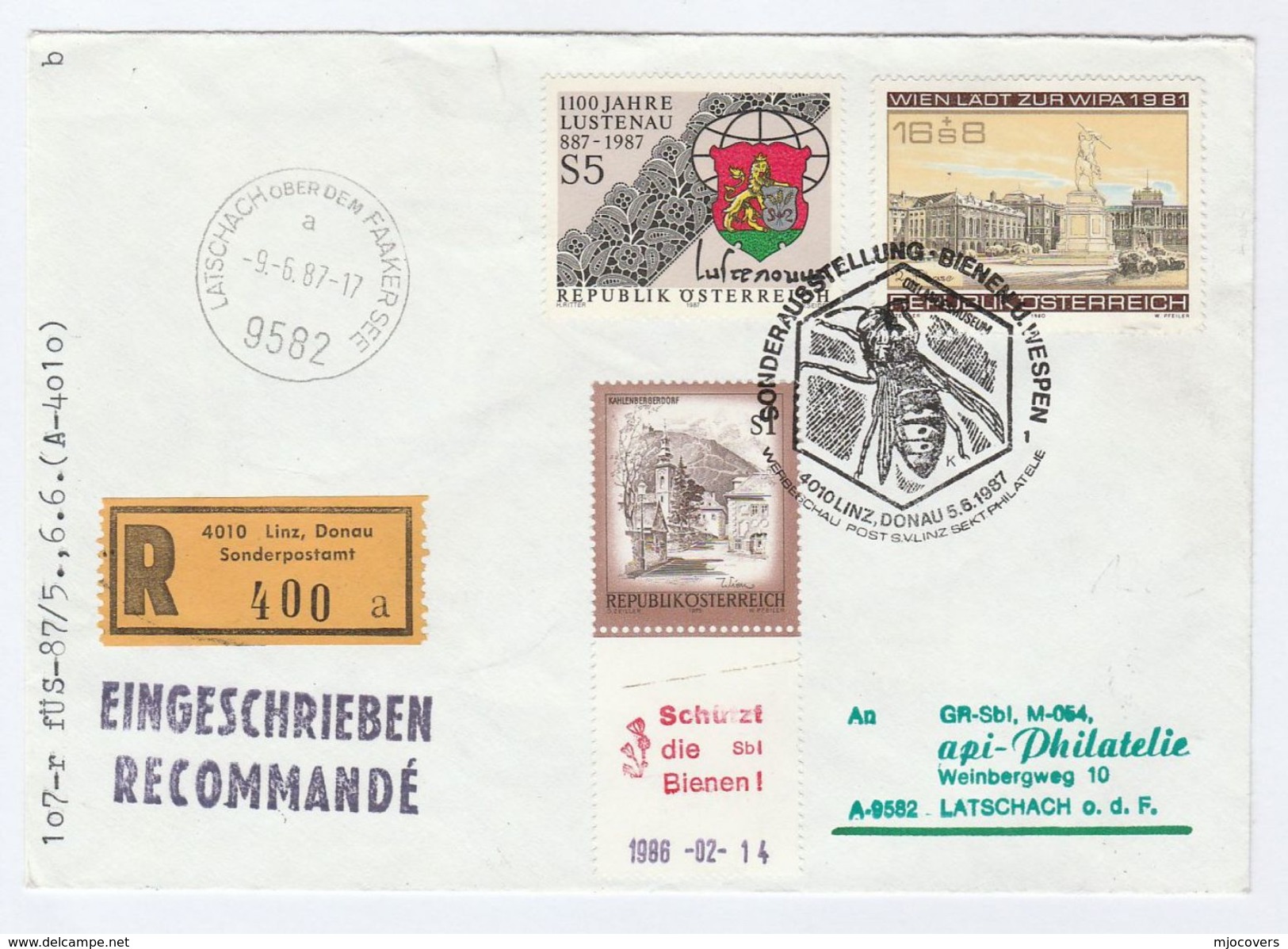 1987 Registered AUSTRIA BEES EVENT COVER Insect Stamps Bee Heraldic Lion - Abeilles