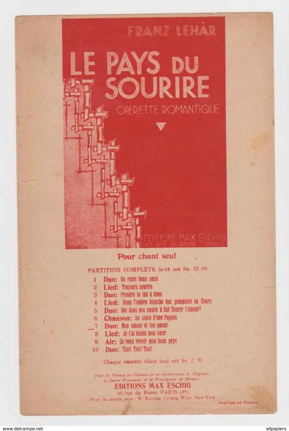 Partition Le Pays Du Sourire Opérette Romantique Par Franz Lehar De 1932 - Operaboeken