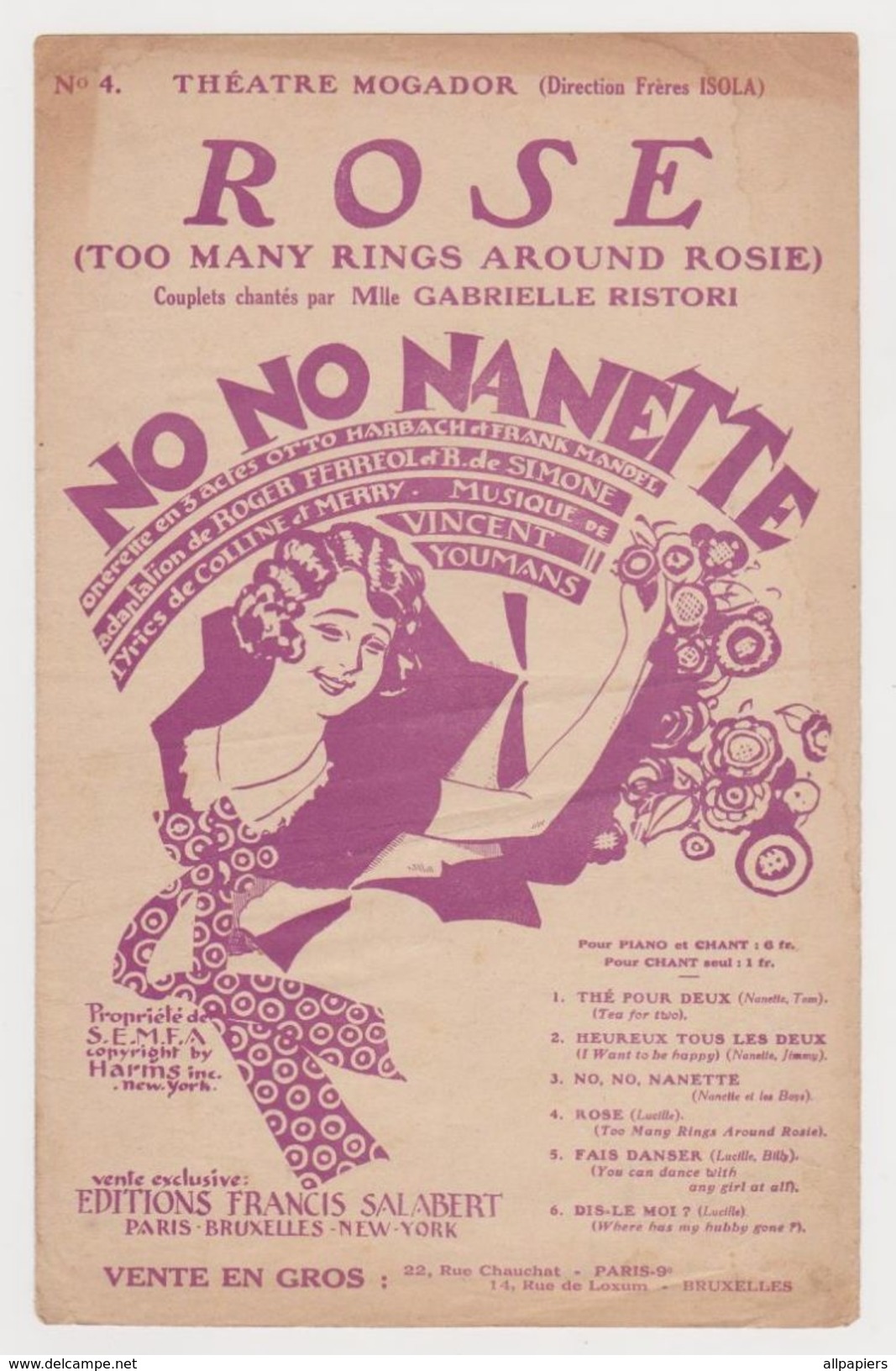 Partition Rose Too Many Rings Around Rosie Couplets Chantés Par Mlle Gabrielle Ristori Théâtre Mogador 1926 - Opera