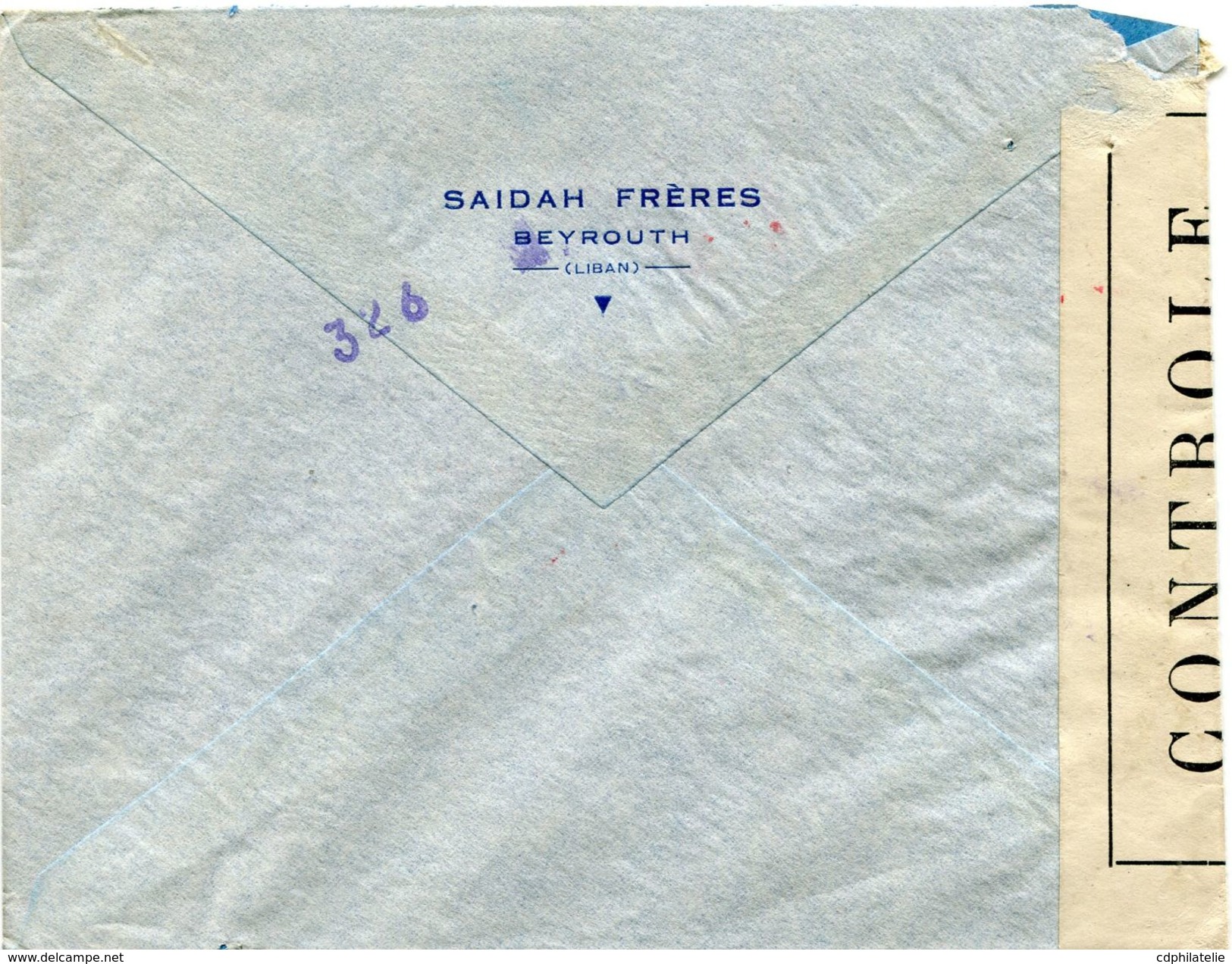 GRAND LIBAN LETTRE PAR AVION CENSUREE DEPART BEYROUTH 15 II 45 POUR LA FRANCE - Lettres & Documents