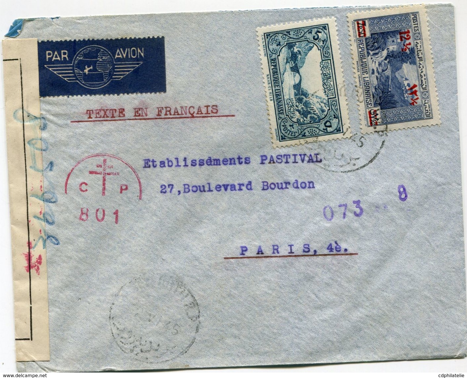 GRAND LIBAN LETTRE PAR AVION CENSUREE AVEC COMPLEMENT D'AFFRANCHISSEMENT AU DOS DEPART BEYROUTH 12 VI 45 POUR LA FRANCE - Storia Postale