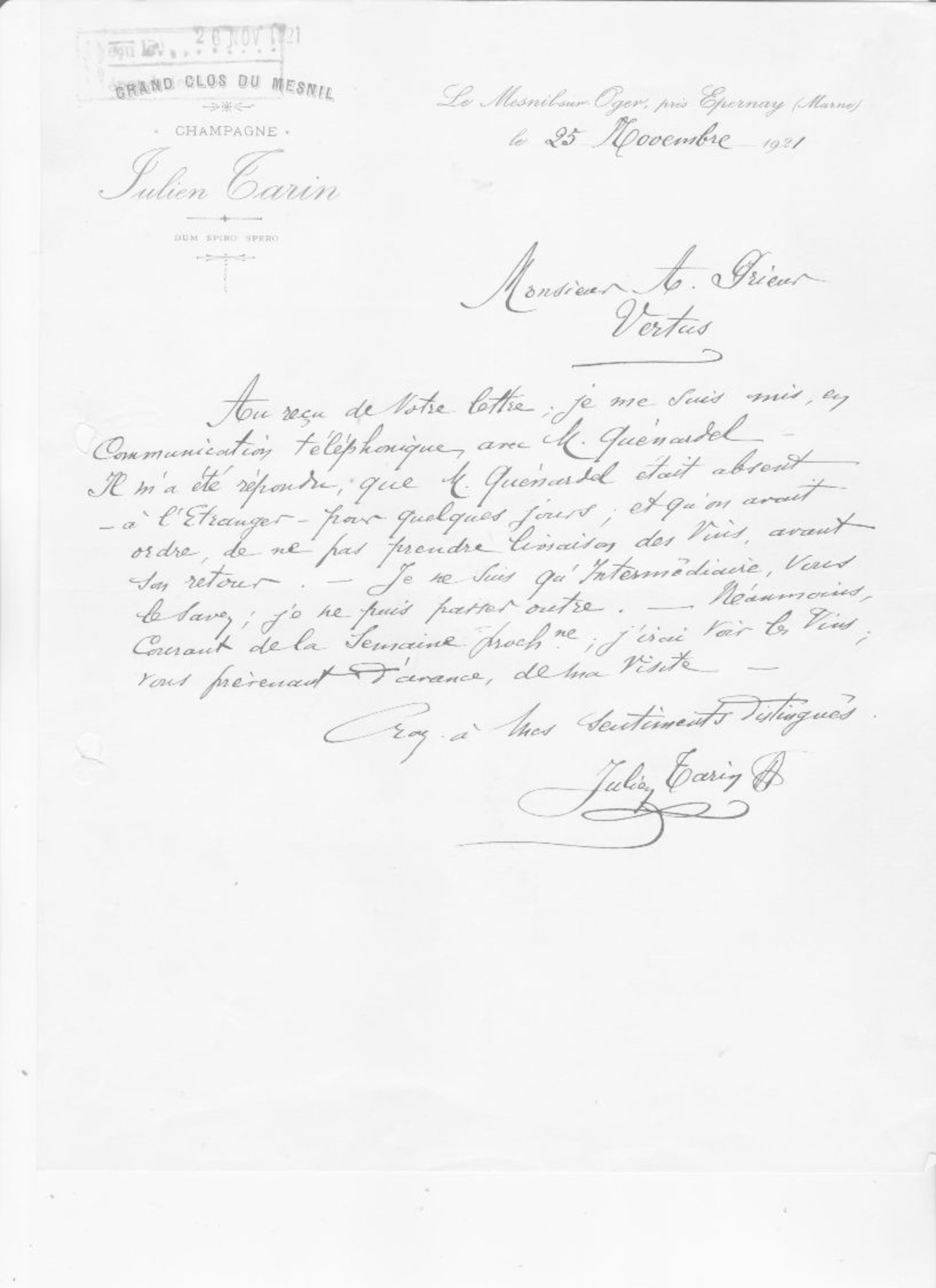 51 Le Mesnil Sur Oger. Grand Clos Du Mesnil, Julien TARIN.Lettre Illustrée De 1921.Tb état. - 1900 – 1949