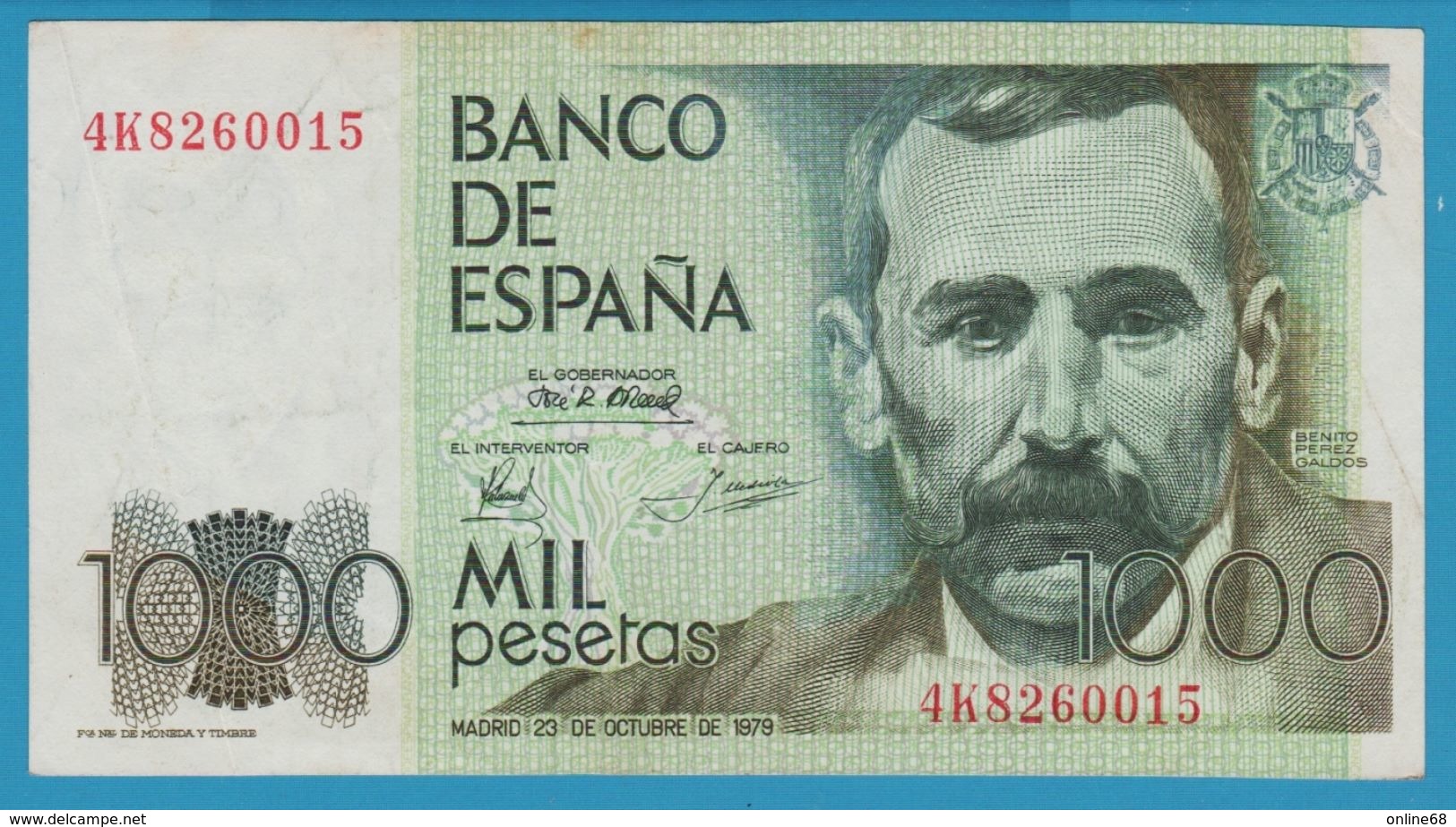 ESPANA 1000 Pesetas 23.10.1979 Serie 4K826  P# 158 Benito Pérez Galdos - [ 4] 1975-… : Juan Carlos I