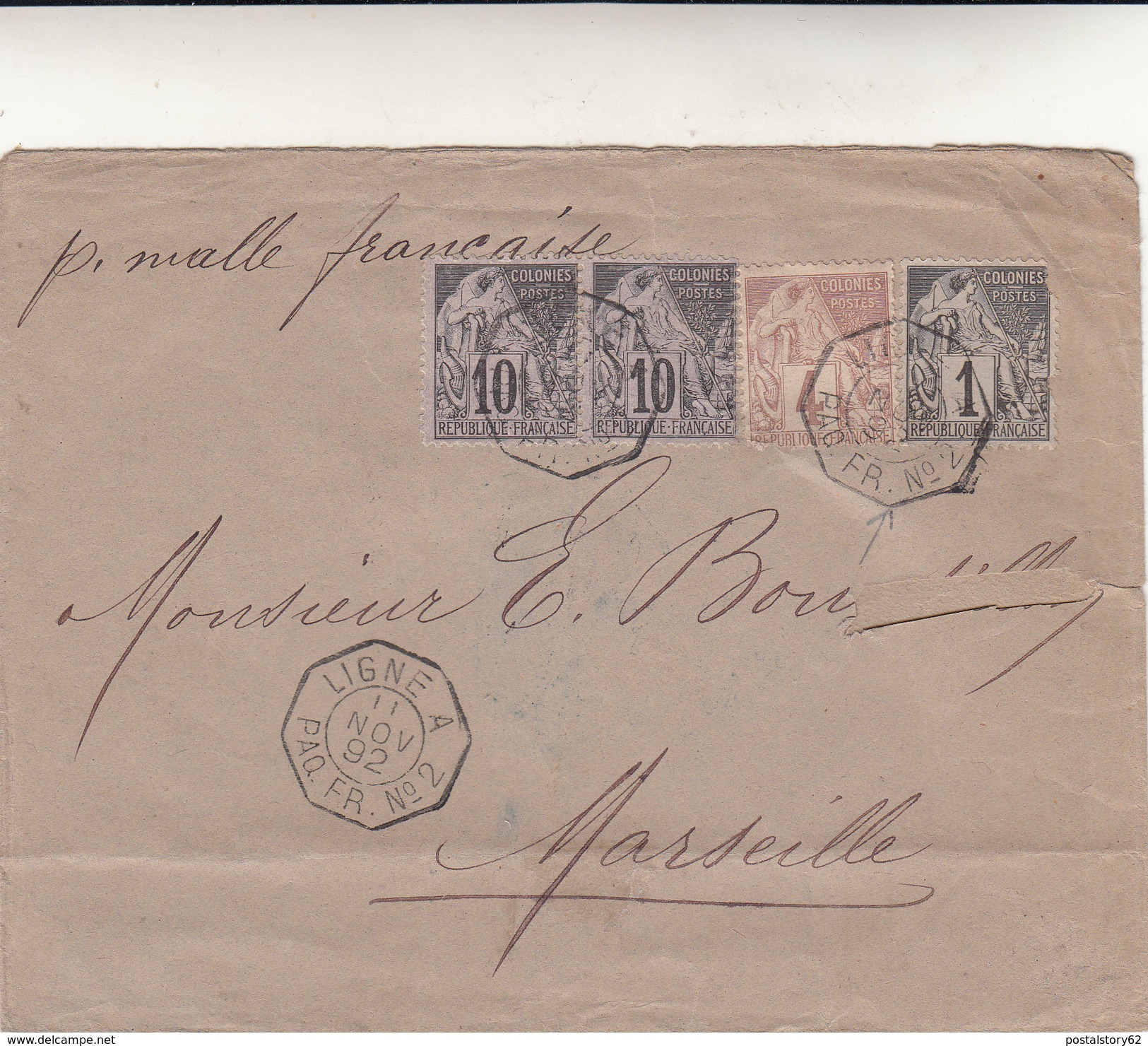 Saint Pierre Martinique To Marseille. Cover Avec Timbres Ligne A Paq. Fr. N°2 Anno 1892 - Non Classés