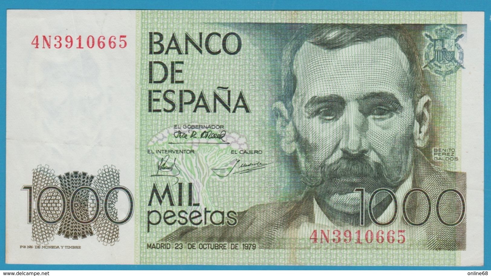 ESPANA 1000 Pesetas 23.10.1979 Serie 4N391 P# 158  Benito Pérez Galdos - [ 4] 1975-… : Juan Carlos I