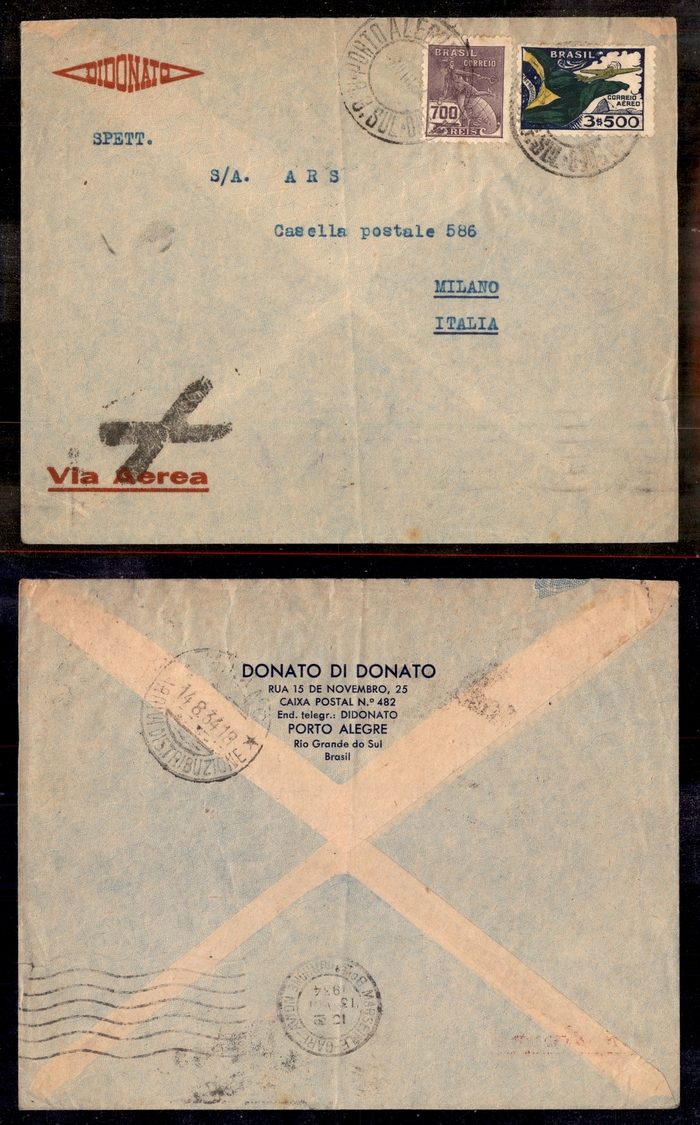 0093 BRASILE - 1934 – Aerogramma Da Porto Alegre A Milano - Autres & Non Classés