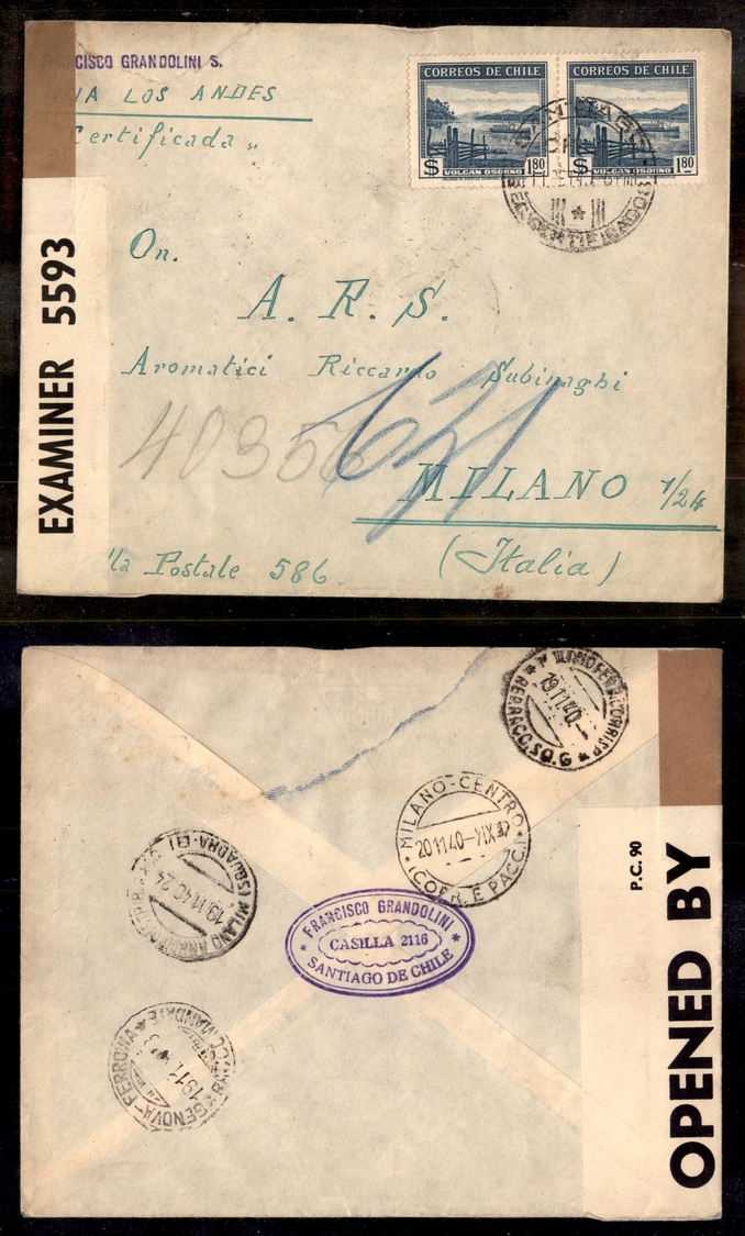 0112 CILE - 1940 – Raccomandata Da Santiago A Milano - Otros & Sin Clasificación