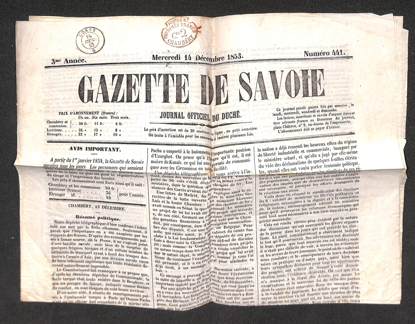 0242 FRANCIA - Giornale “Gazzette De Savoie” Con Impressione Postes B 2 Cent Chambery – Gresy 14.12.53 - Otros & Sin Clasificación