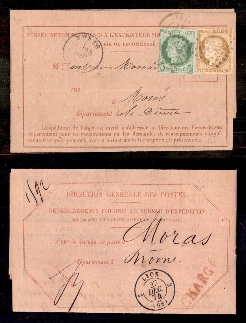 0254 FRANCIA - 5 Cent + 15 Cent (Unif. 53+59) – Avviso Di Spedizione Da Moras “2529” A Dronae Del 25.12.74 - Otros & Sin Clasificación