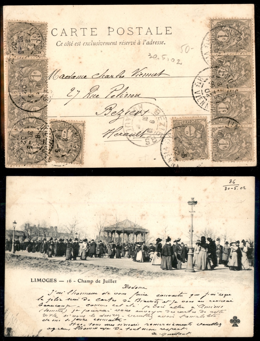 0266 FRANCIA - Dieci 1 Cent (Unif. 86) Su Cartolina Da Limoges (Champ De Juillet) A Beziers Del 30.5.02 - Andere & Zonder Classificatie