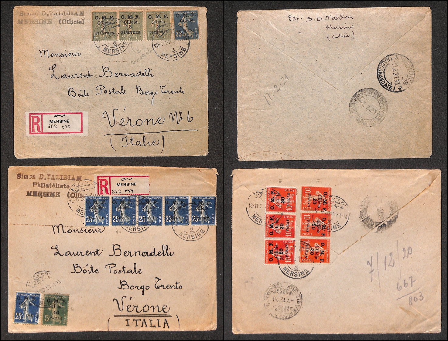 0281 FRANCIA - Cilicia - 920/1921 – Due Raccomandate Da Mersina A Verona - Otros & Sin Clasificación