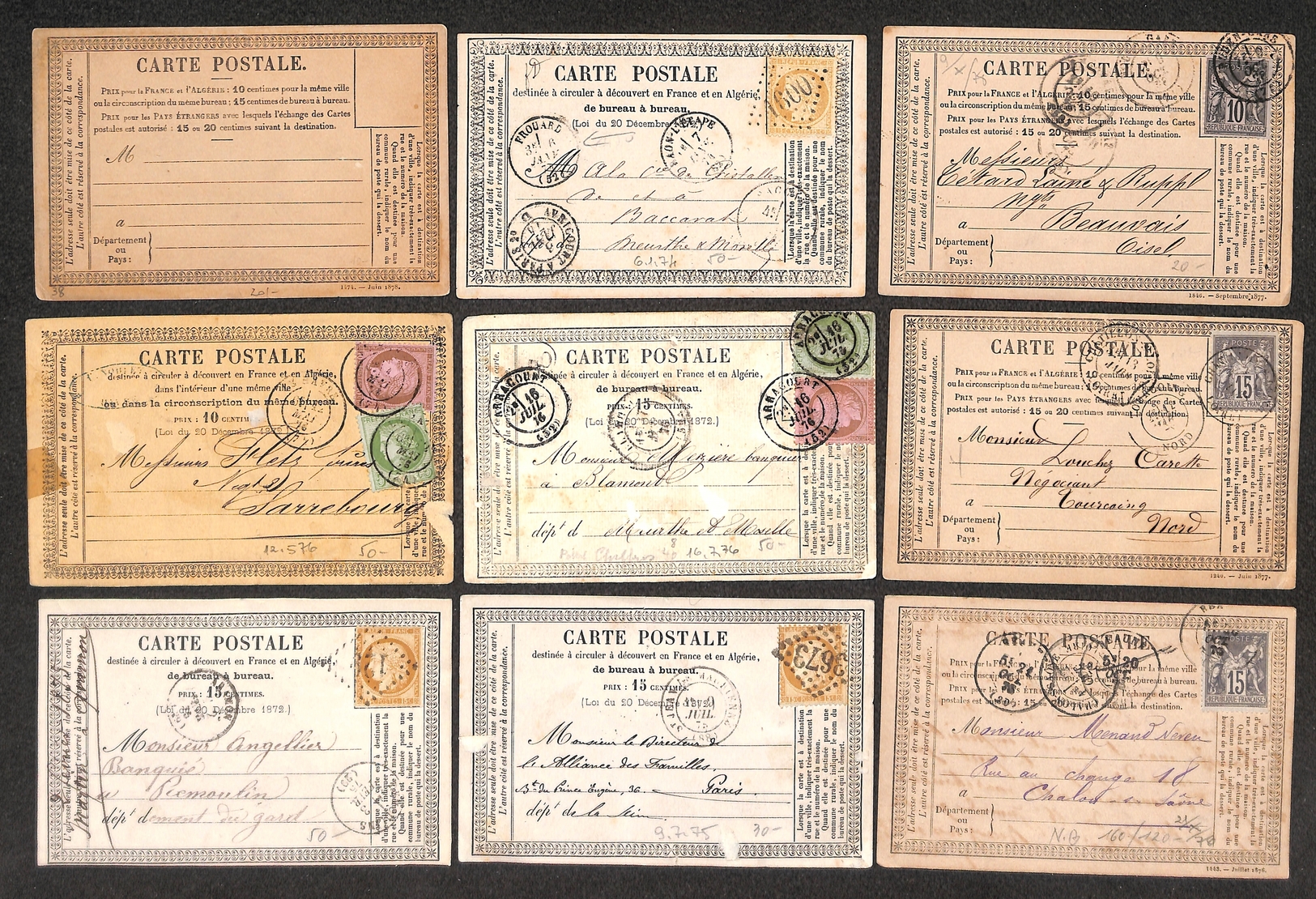 0299 FRANCIA - 1874/1878 – Una Cartolina Postale Nuova + 8 Usate Con Affrancature Del Periodo – Da Esaminare - Otros & Sin Clasificación