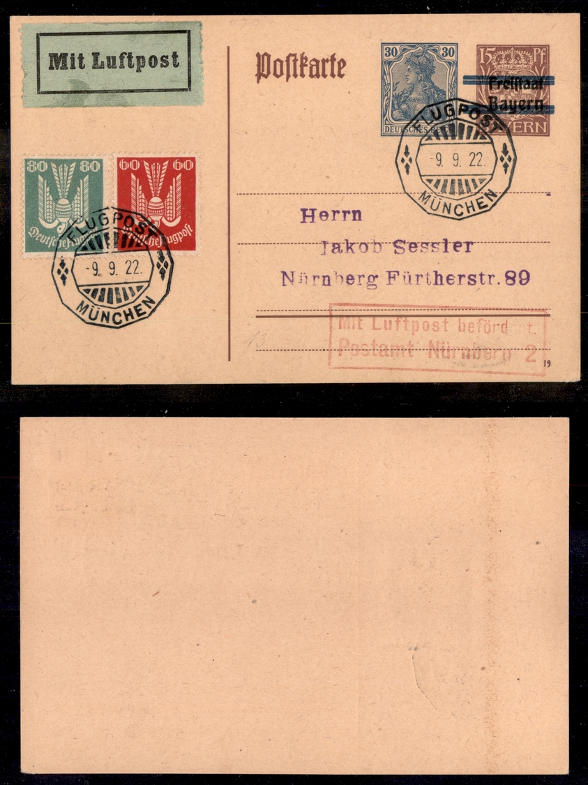 0357 GERMANIA - Germania – Intero Postale 16 P. + 30 P. Soprastampato Bayern Sbarrato (Unif. A6+A7) – Aerogramma Da Mona - Autres & Non Classés