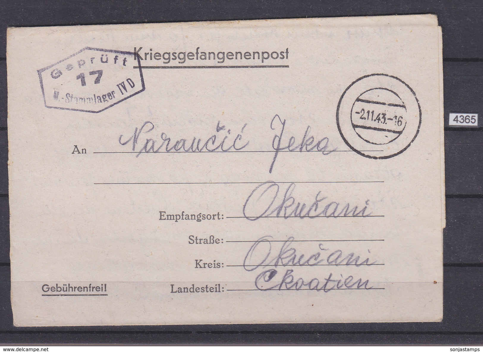 GERMANY 1943, POW MAIL, STALAG IV D ( 4 D), TO OKUČANI, CROATIA, CENSOR CANCEL FRONT SIDE, WW2, NAZI ERA, See Scans - Briefe U. Dokumente