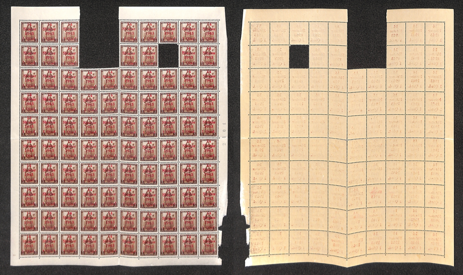 0394 GERMANIA - Occupazione Tedesca Albania - 1943 – Foglio Con 95 Pezzi Del 1 Quind Su 3 Bruno (Unif. 1) – Gomma Integr - Otros & Sin Clasificación