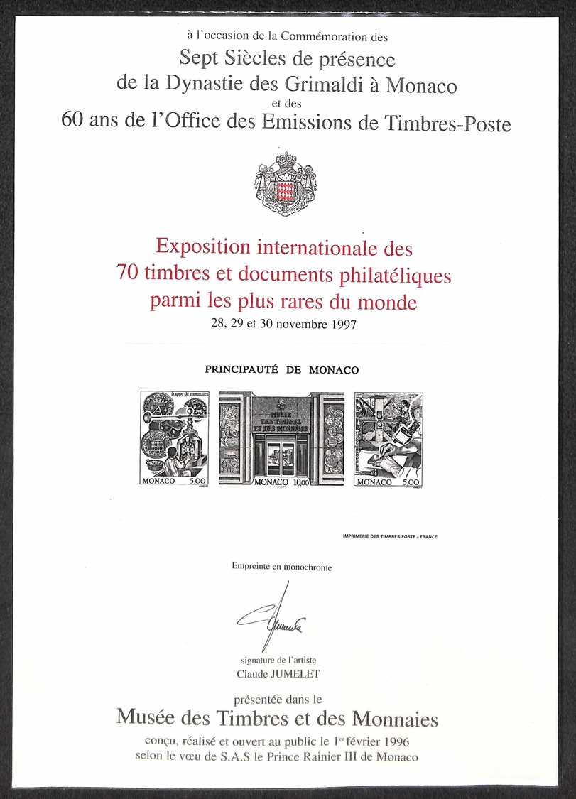 0505 MONACO - 1997 – Prova Di Lusso Dell'emissione Commemorativa Dell'Esposizione Internazionale 1997 – Autografata Clau - Otros & Sin Clasificación